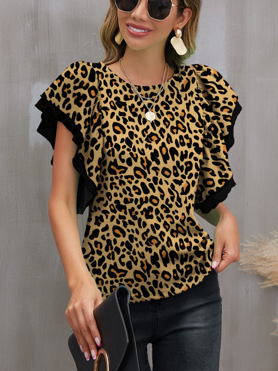 Leopard Round Neck Flounce Sleeve Blouse - Mervyns