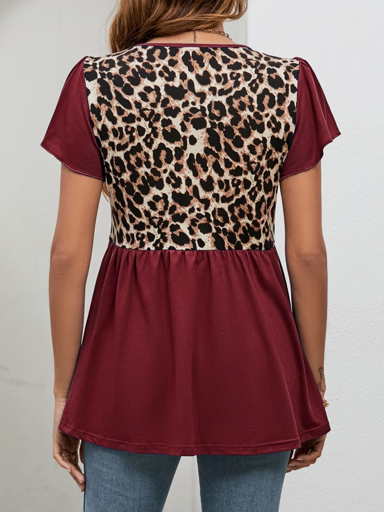 Leopard Round Neck Flutter Sleeve Babydoll Blouse - Mervyns