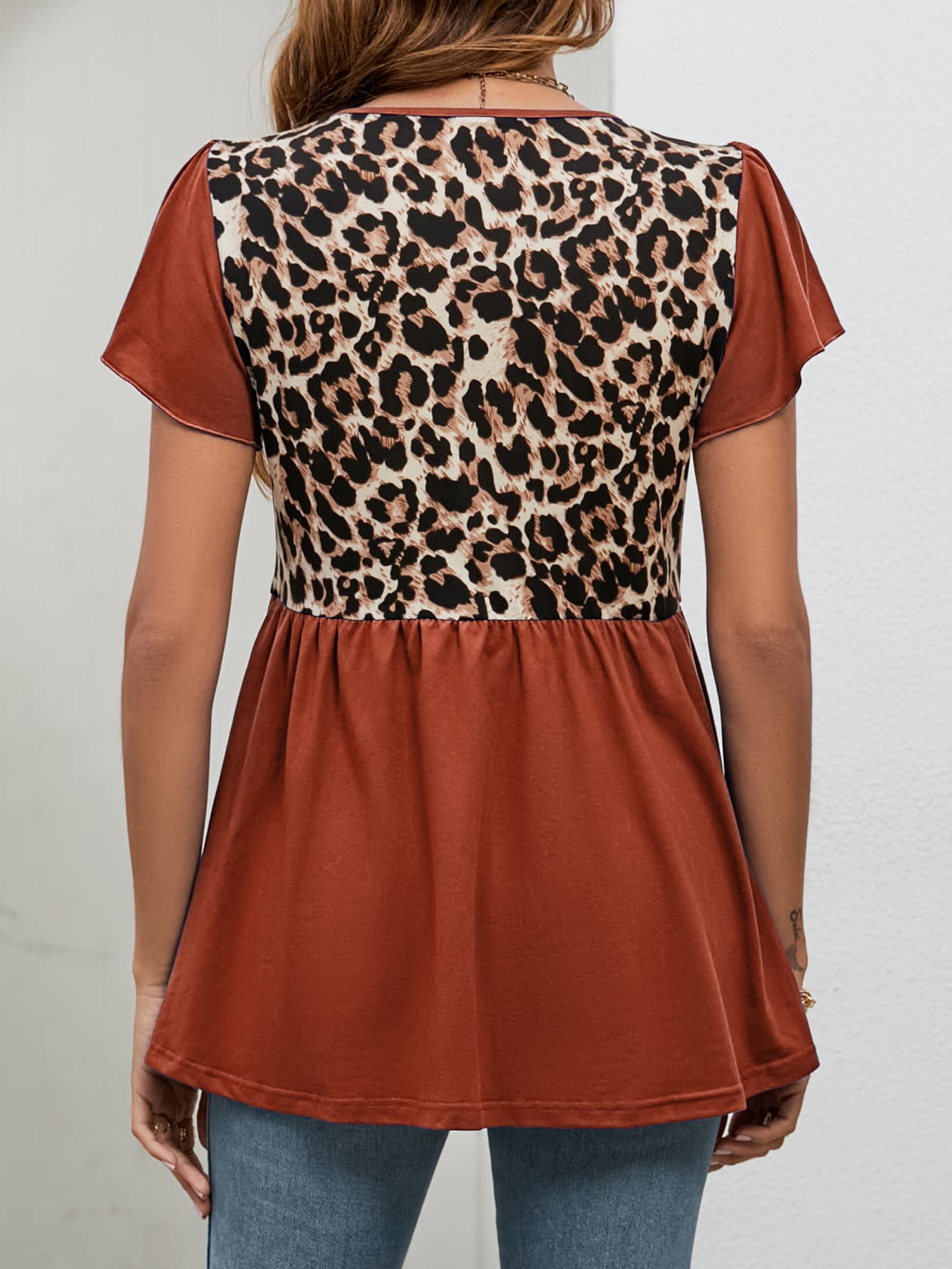 Leopard Round Neck Flutter Sleeve Babydoll Blouse - Mervyns