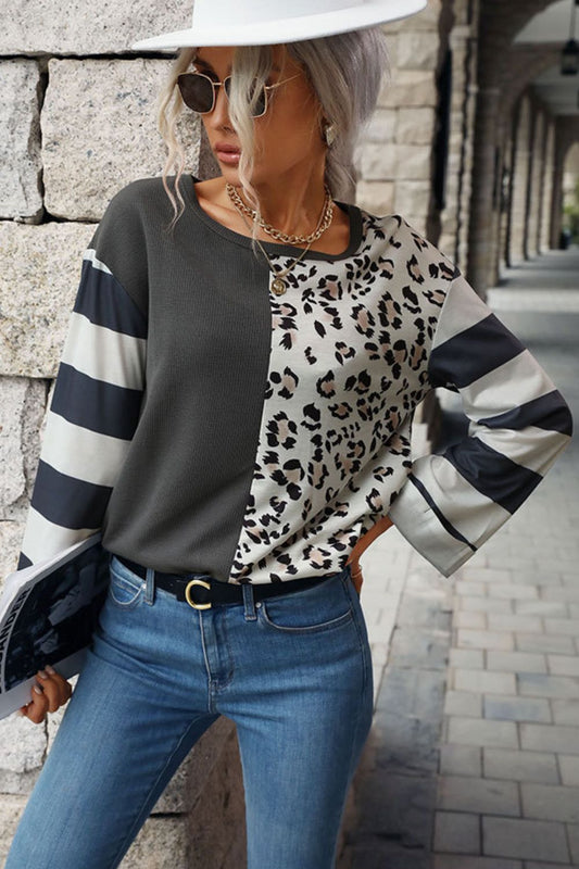 Leopard Striped Round Neck Long Sleeve Tee - Mervyns