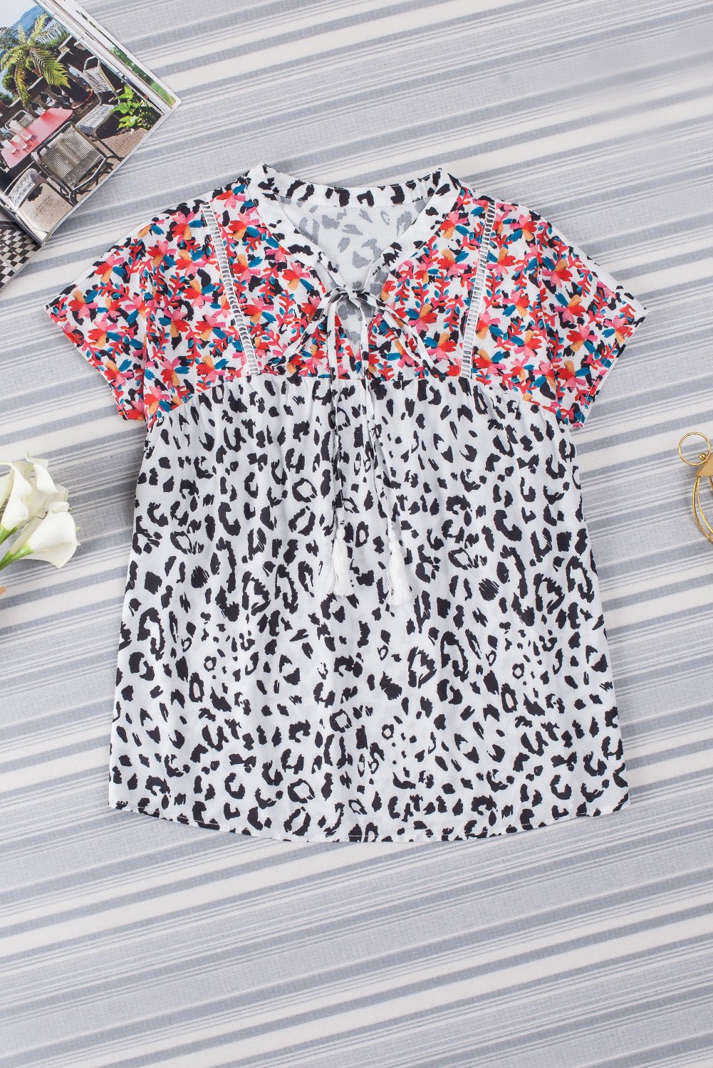 Leopard Tassel Tie Short Sleeve Top - Mervyns