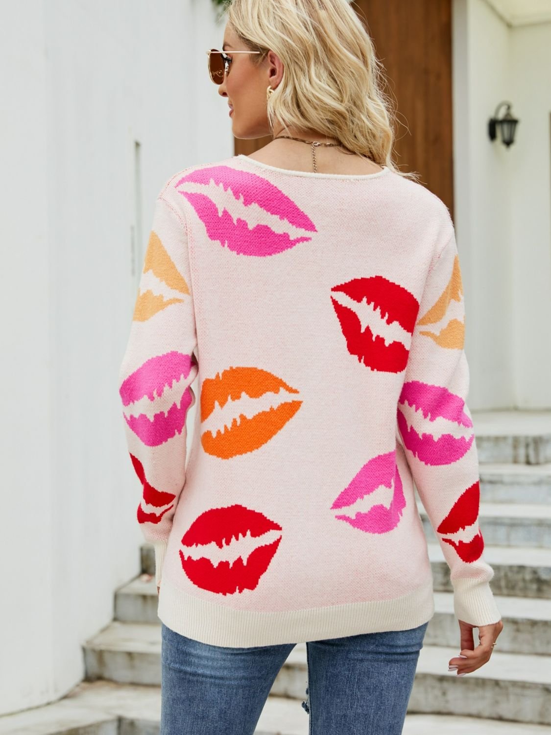 Lip Print V - Neck Knit Top - Mervyns