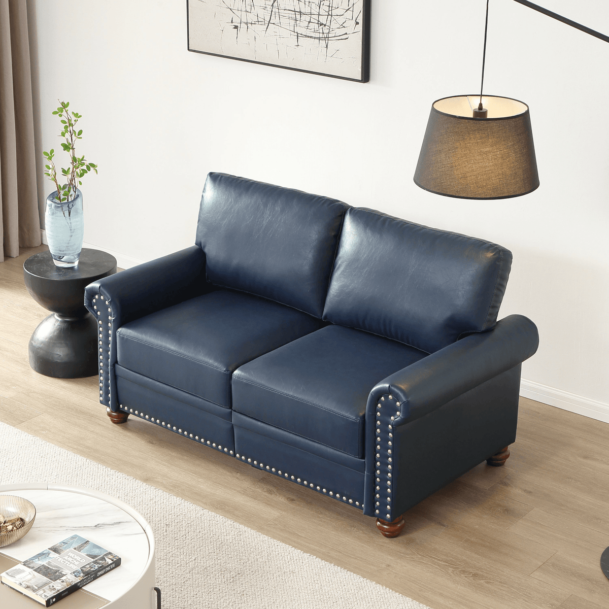 Living Room Sofa Loveseat Round Arm with Silver Nails Couch Navy Blue Faux Leather - Mervyns