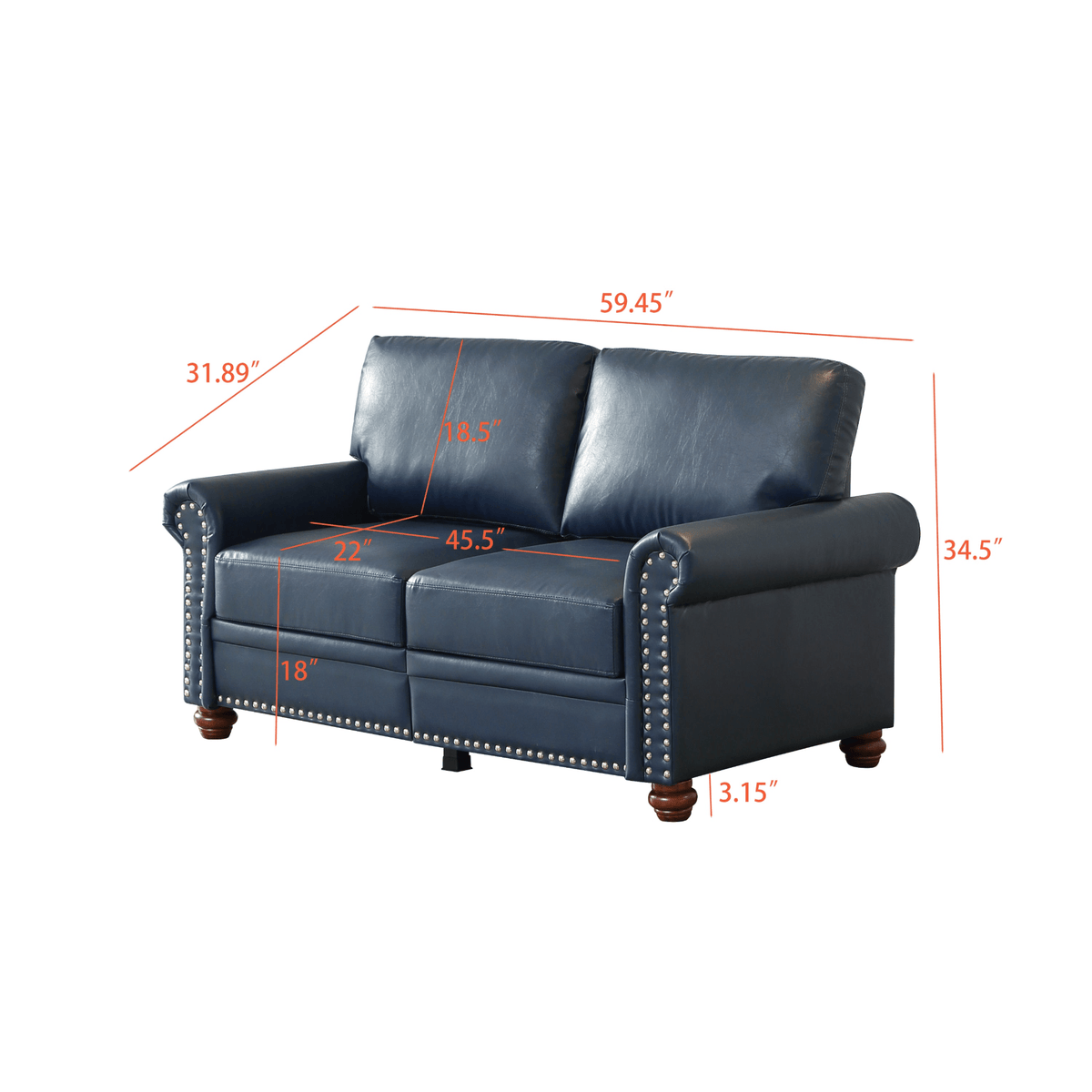 Living Room Sofa Loveseat Round Arm with Silver Nails Couch Navy Blue Faux Leather - Mervyns