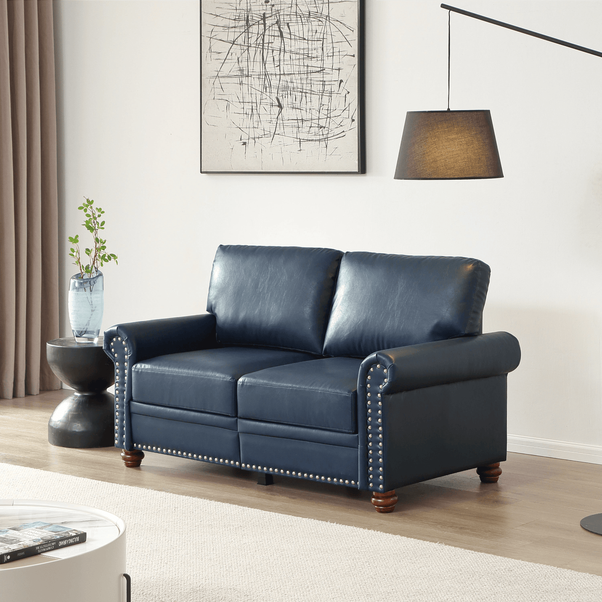 Living Room Sofa Loveseat Round Arm with Silver Nails Couch Navy Blue Faux Leather - Mervyns