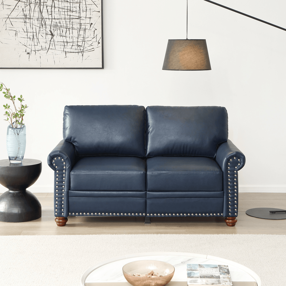 Living Room Sofa Loveseat Round Arm with Silver Nails Couch Navy Blue Faux Leather - Mervyns
