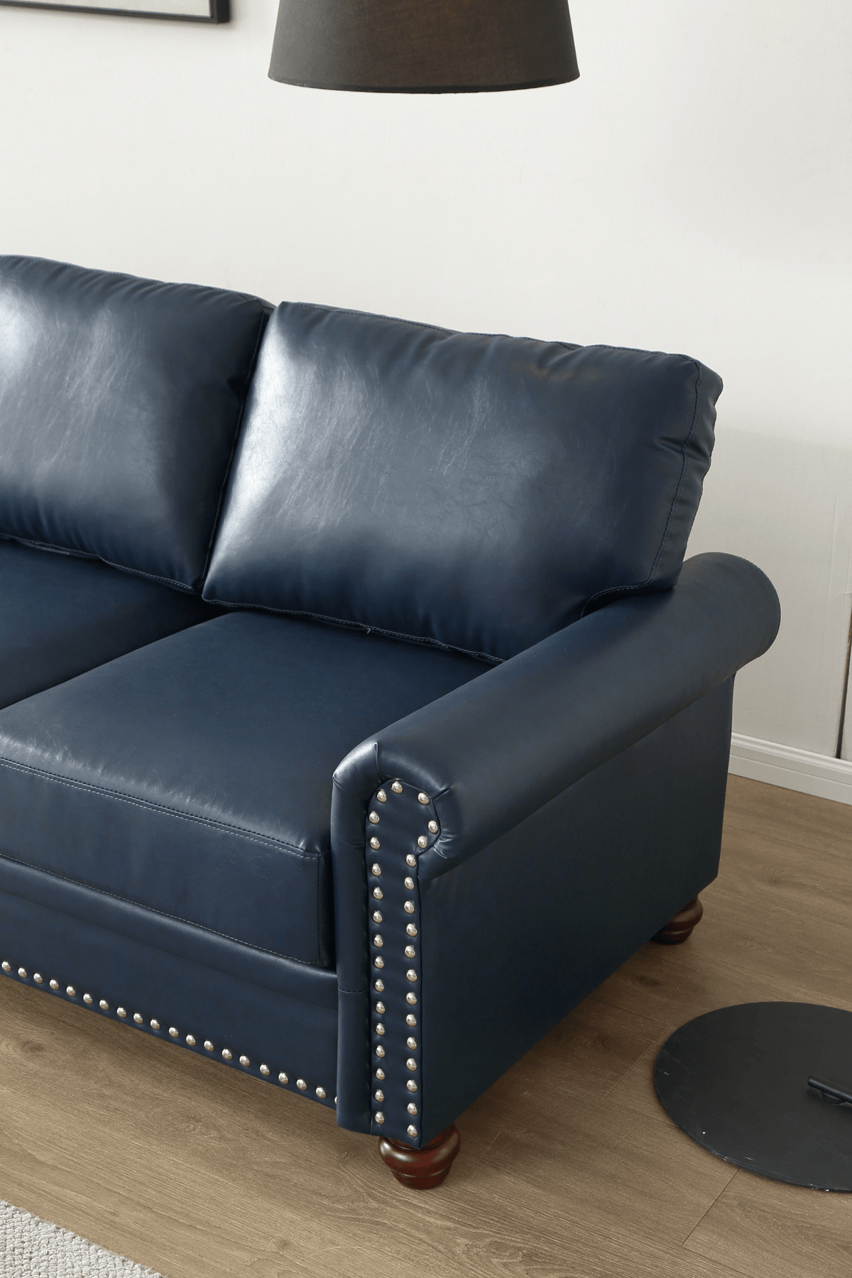 Living Room Sofa Loveseat Round Arm with Silver Nails Couch Navy Blue Faux Leather - Mervyns