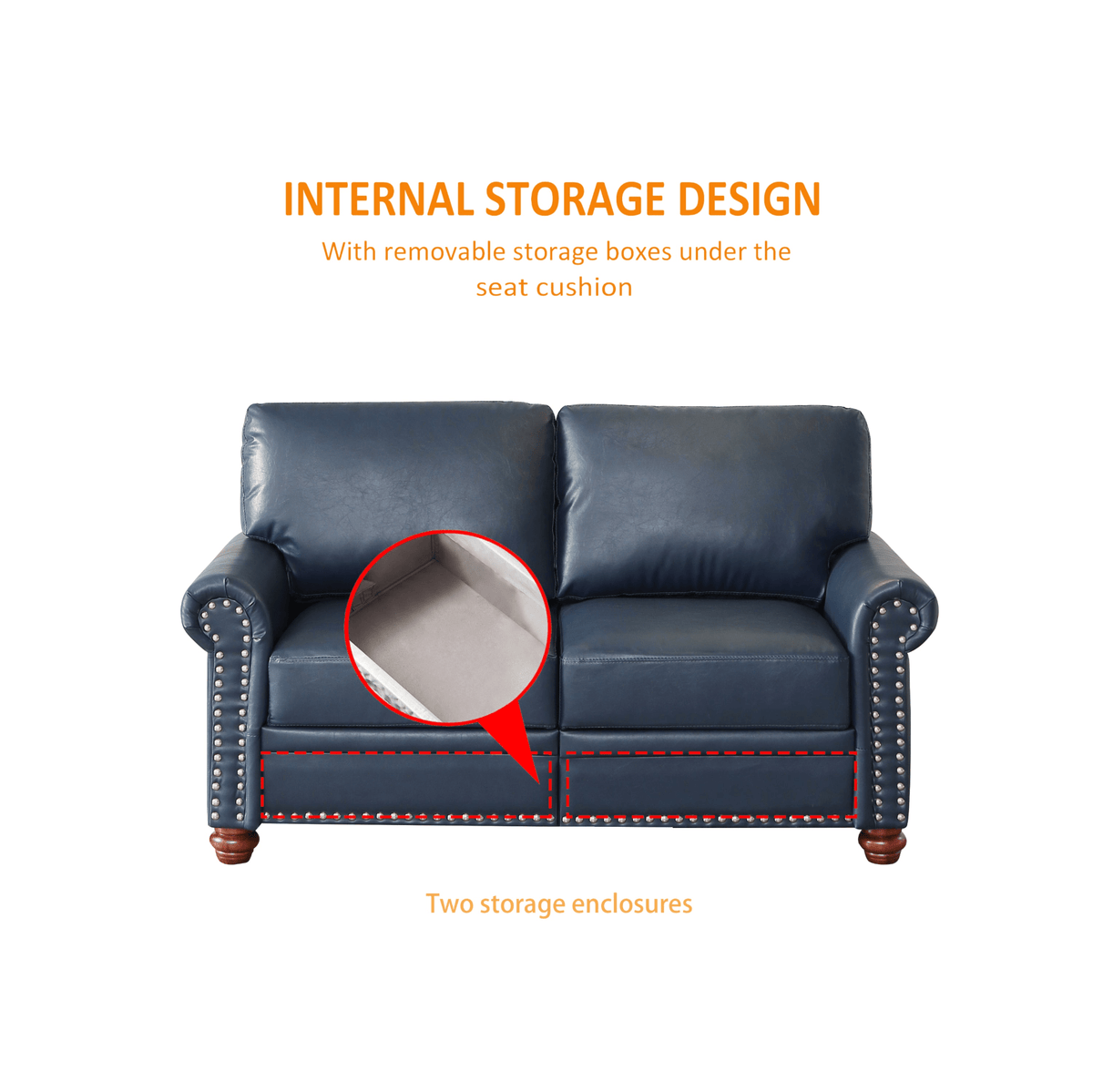 Living Room Sofa Loveseat Round Arm with Silver Nails Couch Navy Blue Faux Leather - Mervyns