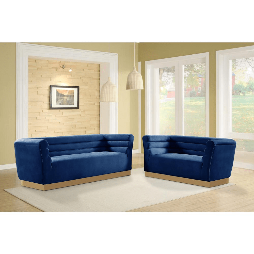 Livingston Blue Velour Sofa with Gold Trim - Mervyns