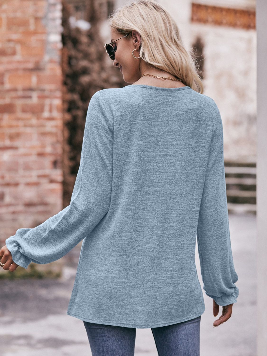 Long Flounce Sleeve Round Neck Blouse - Mervyns