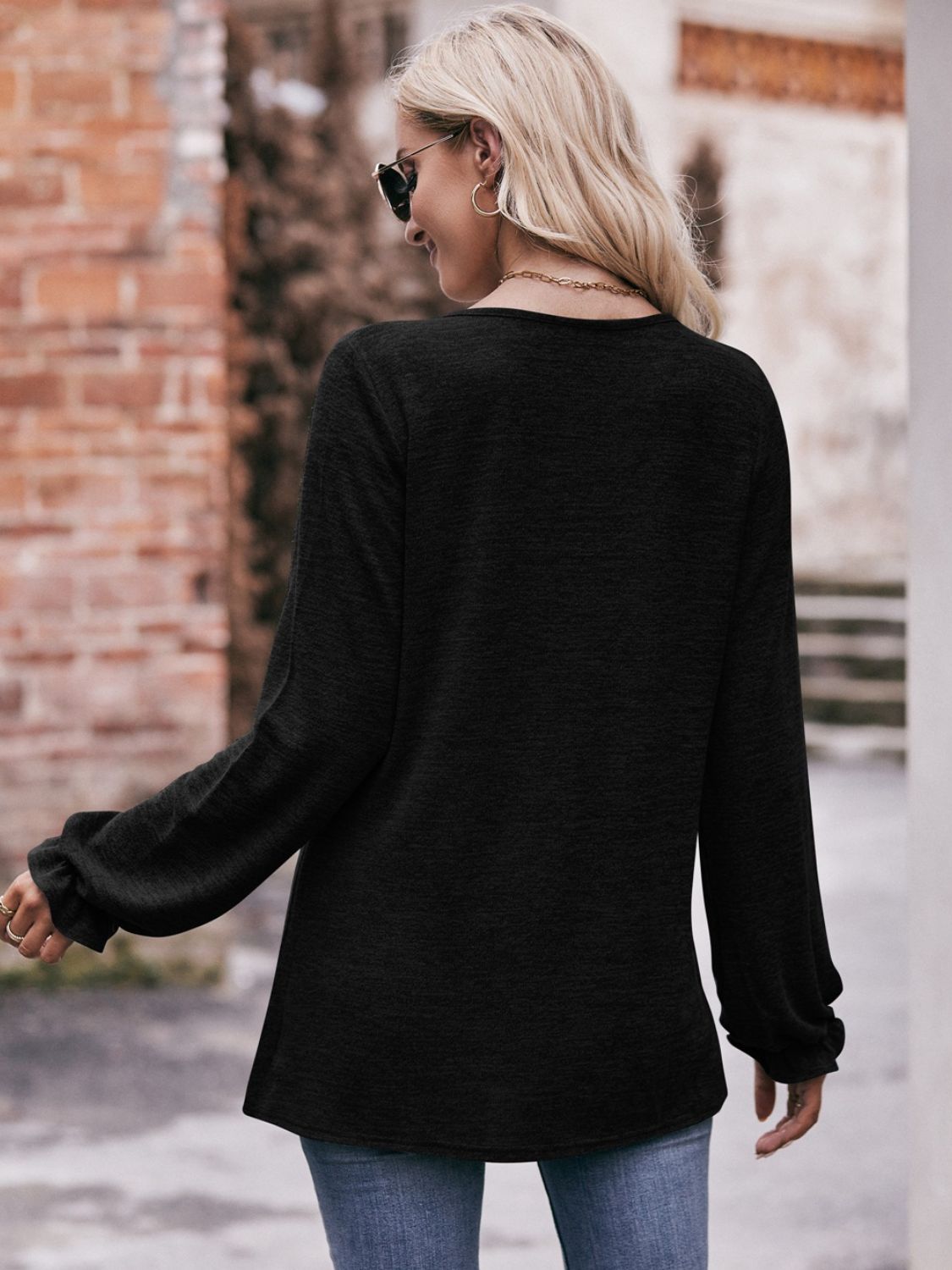 Long Flounce Sleeve Round Neck Blouse - Mervyns