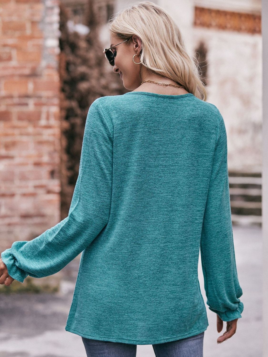 Long Flounce Sleeve Round Neck Blouse - Mervyns