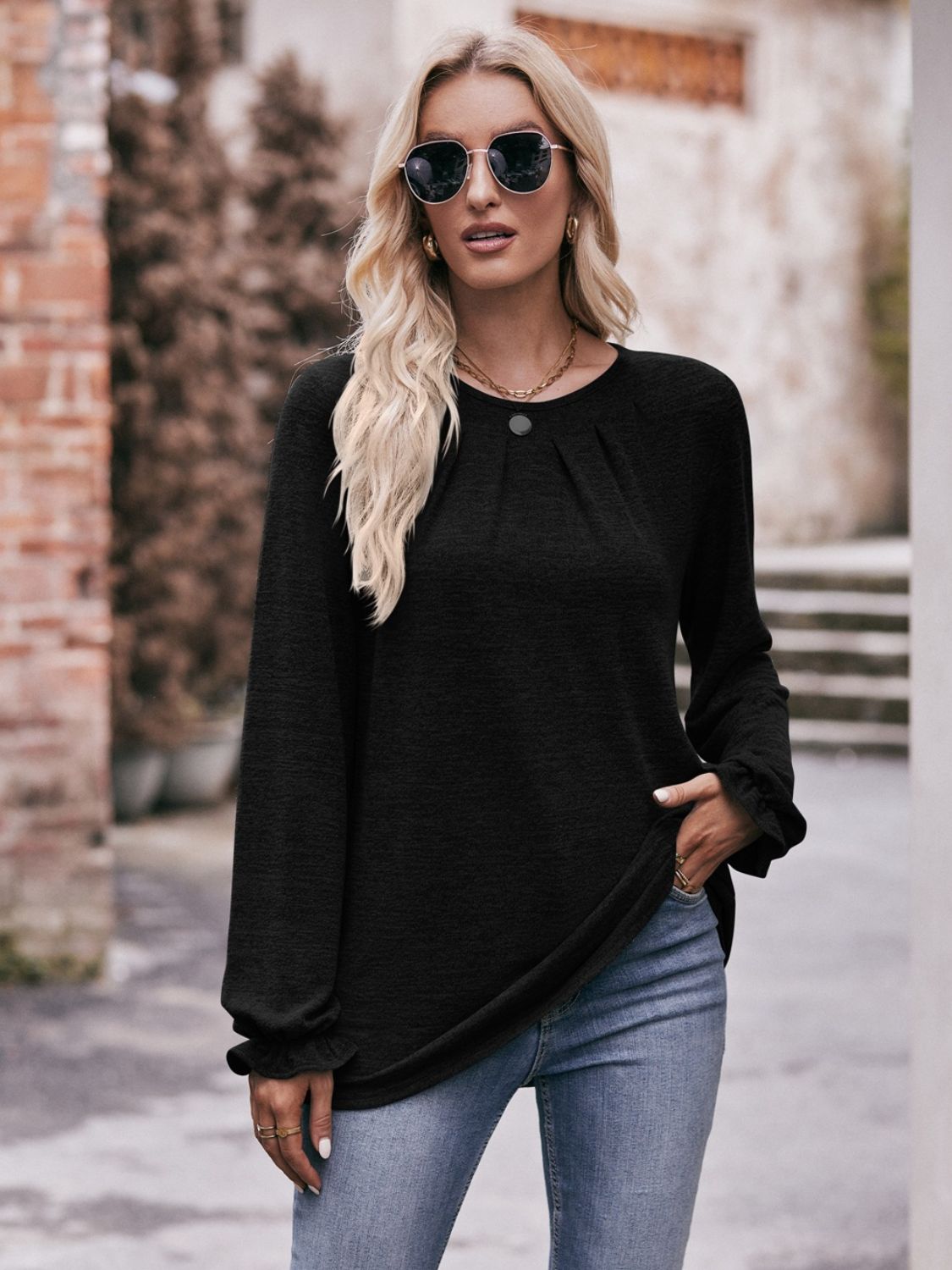 Long Flounce Sleeve Round Neck Blouse - Mervyns