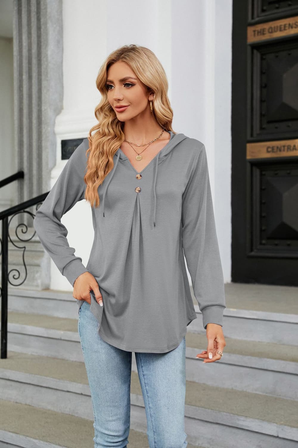 Long Sleeve Hooded Blouse - Mervyns