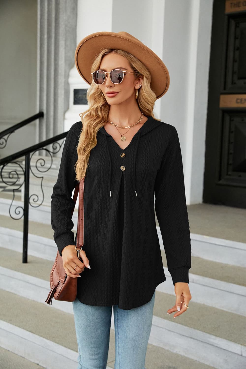 Long Sleeve Hooded Blouse - Mervyns