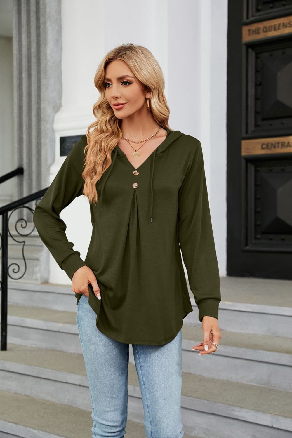 Long Sleeve Hooded Blouse - Mervyns