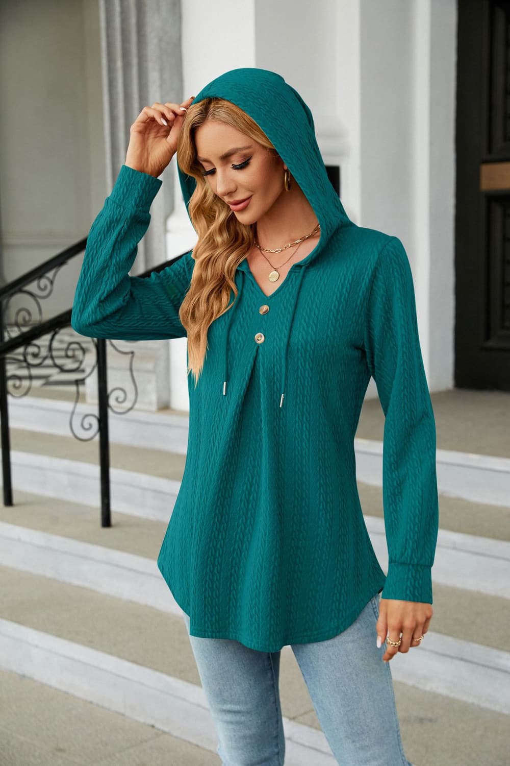 Long Sleeve Hooded Blouse - Mervyns