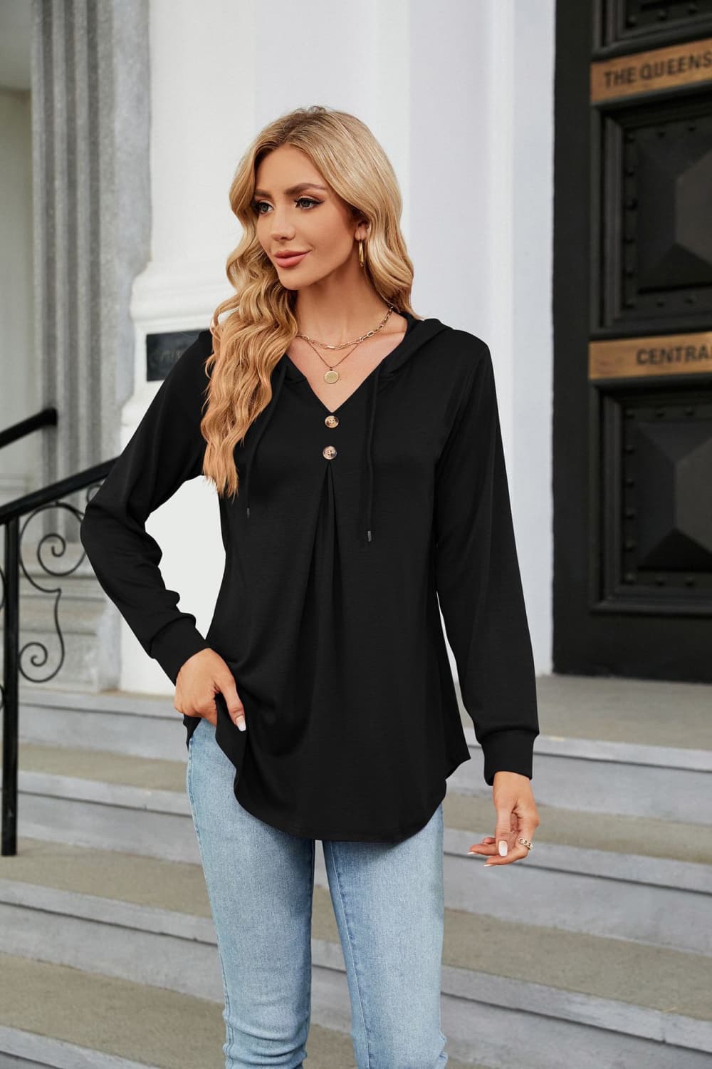 Long Sleeve Hooded Blouse - Mervyns