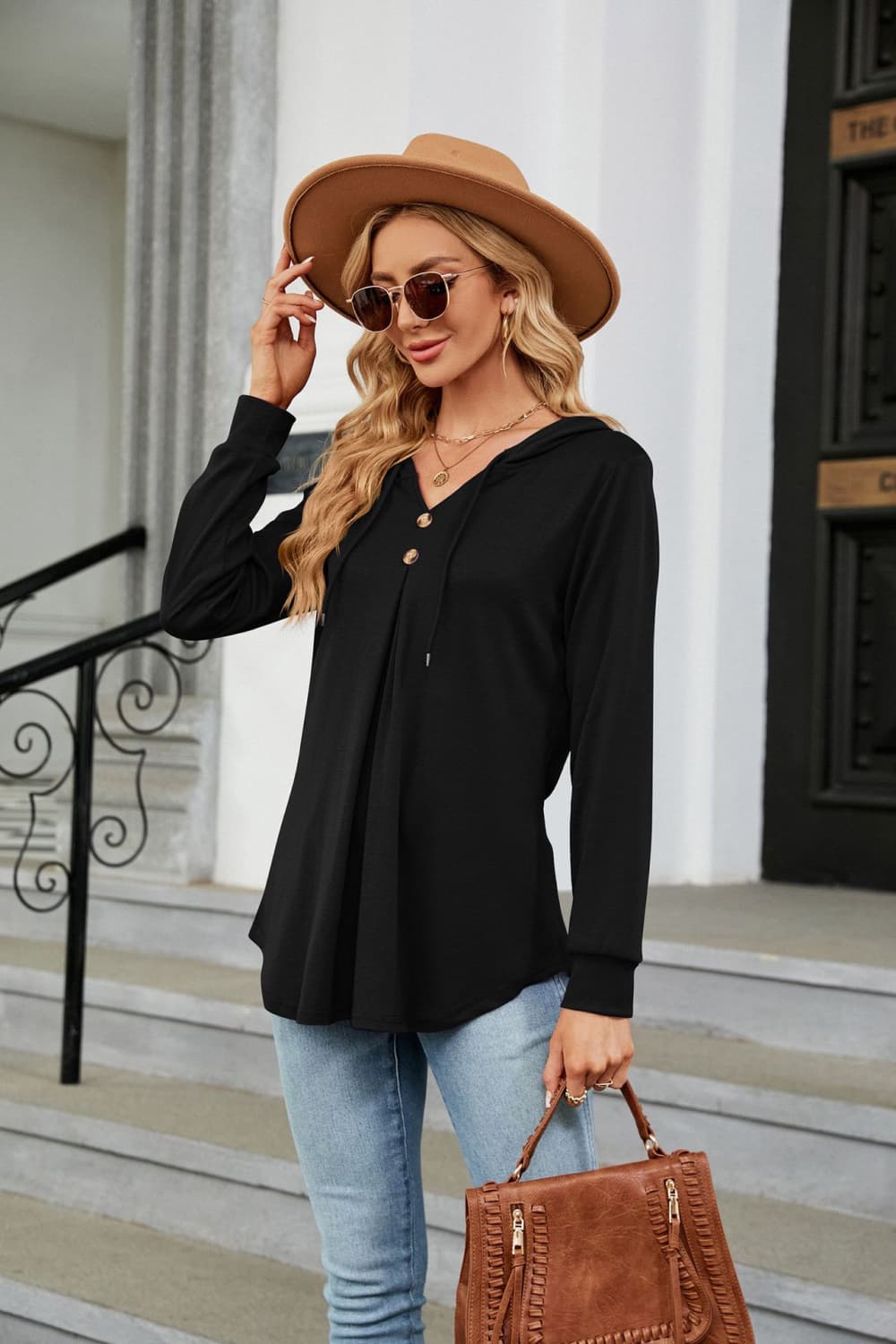 Long Sleeve Hooded Blouse - Mervyns