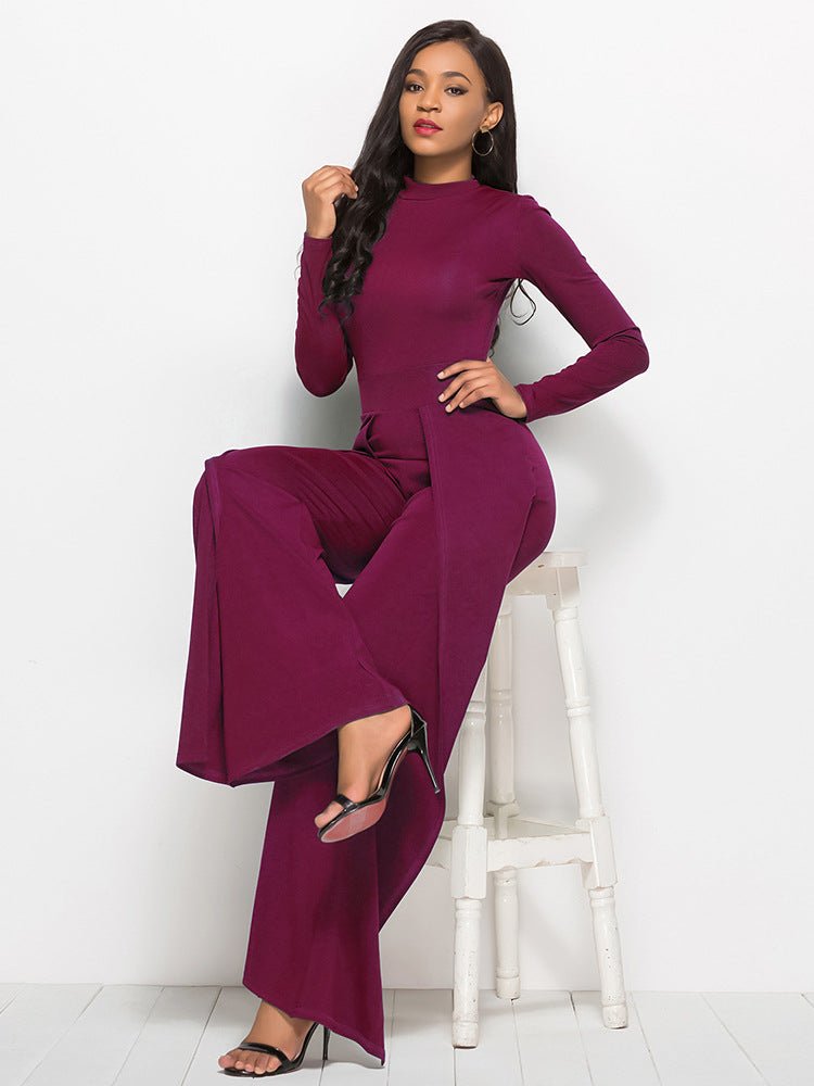 Long Sleeve Mock Neck Wide Leg Jumpsuit - Mervyns