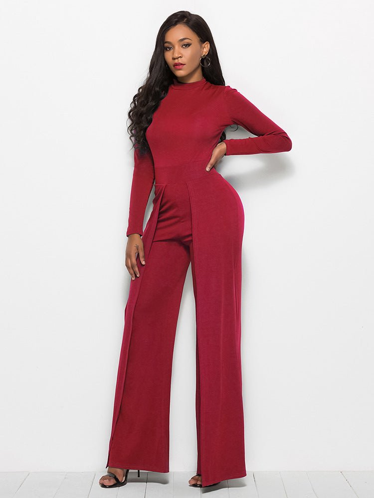 Long Sleeve Mock Neck Wide Leg Jumpsuit - Mervyns