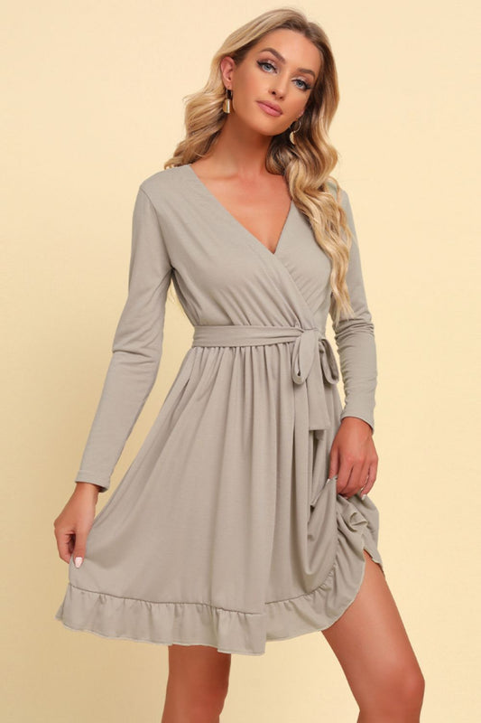 Long Sleeve Tie Waist Ruffle Hem Dress - Mervyns