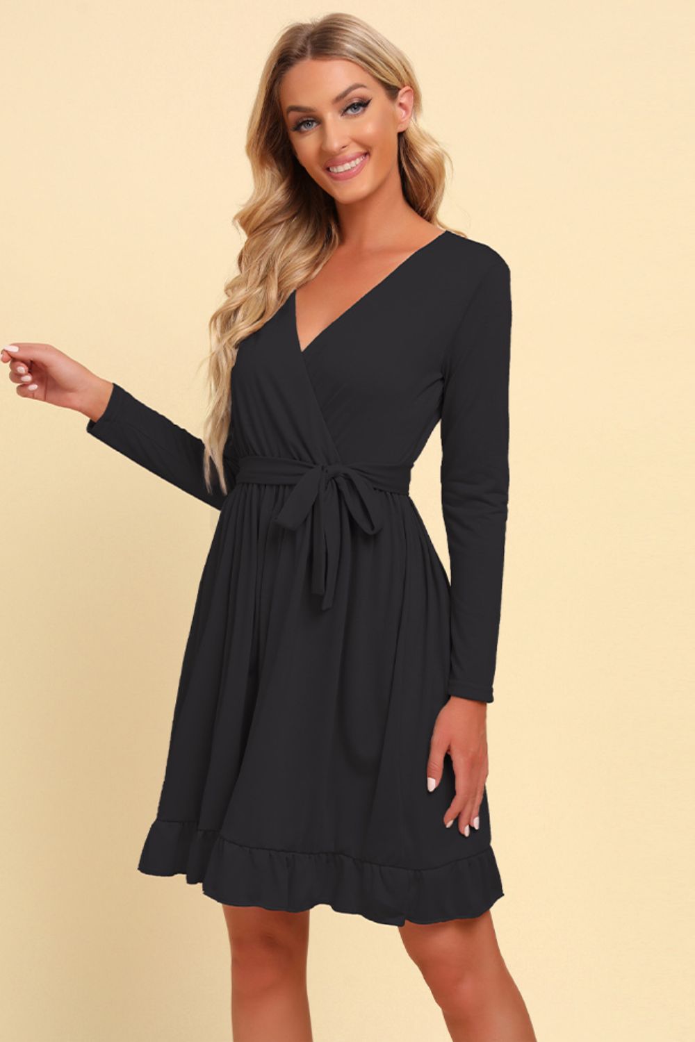 Long Sleeve Tie Waist Ruffle Hem Dress - Mervyns