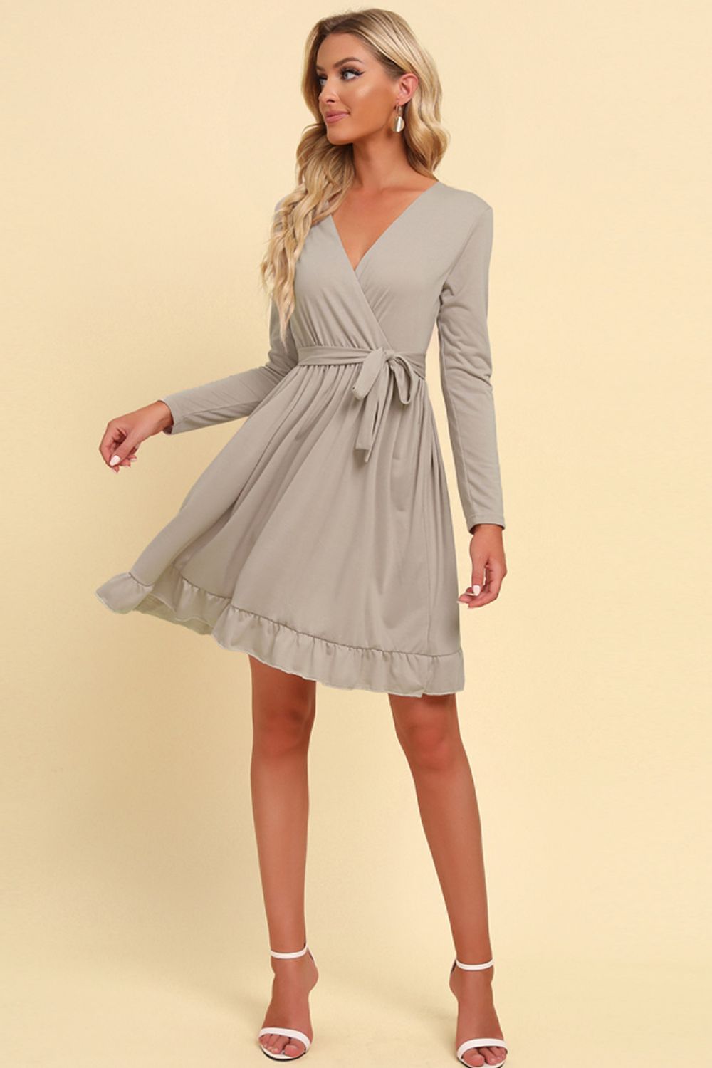 Long Sleeve Tie Waist Ruffle Hem Dress - Mervyns