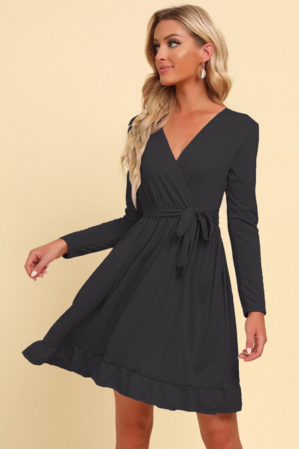 Long Sleeve Tie Waist Ruffle Hem Dress - Mervyns