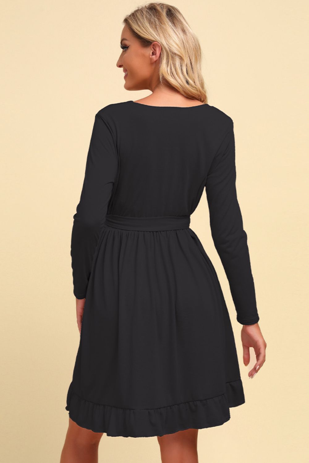 Long Sleeve Tie Waist Ruffle Hem Dress - Mervyns