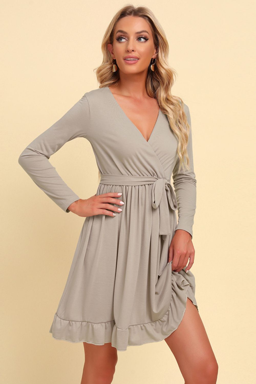 Long Sleeve Tie Waist Ruffle Hem Dress - Mervyns