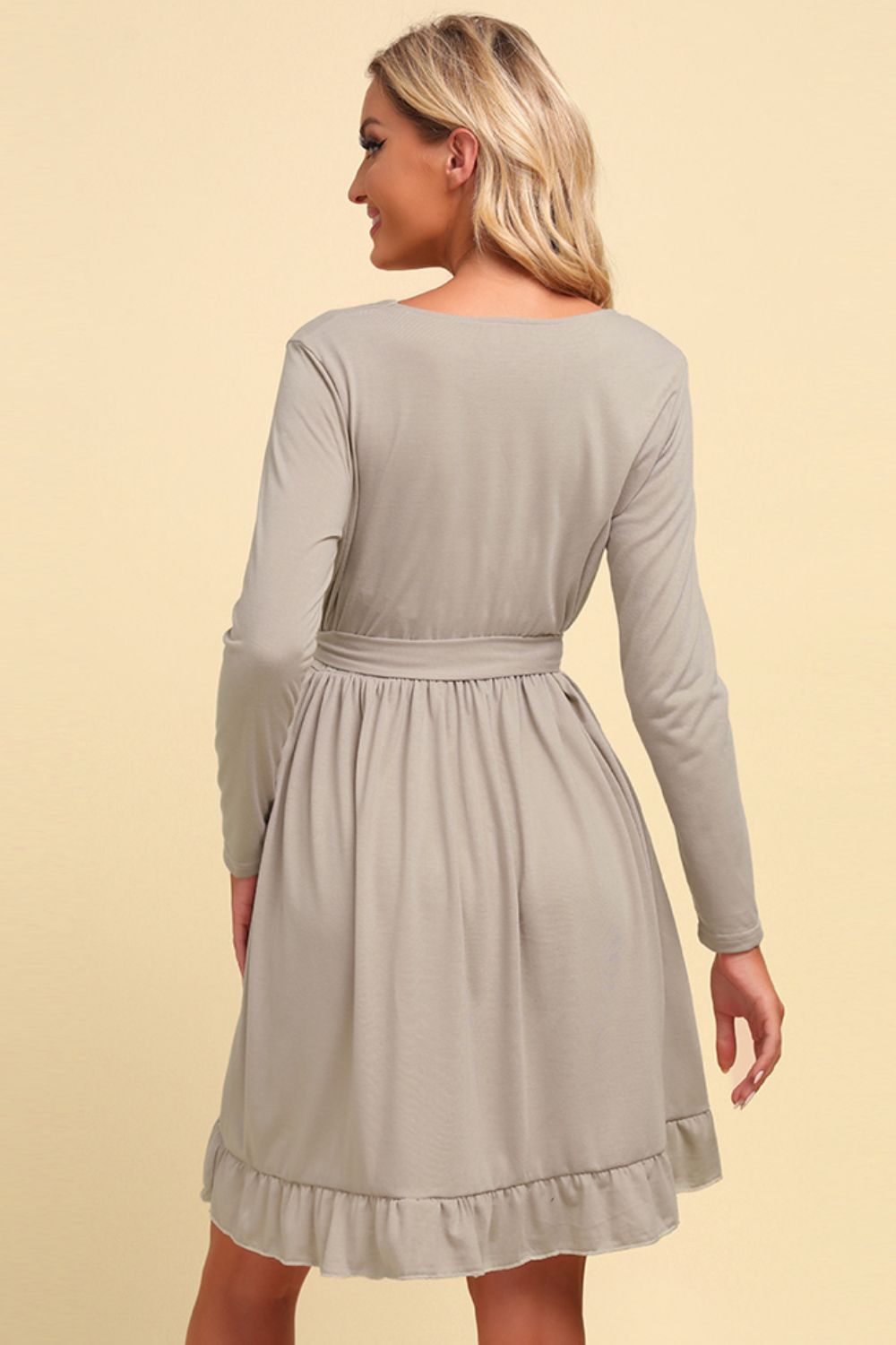 Long Sleeve Tie Waist Ruffle Hem Dress - Mervyns