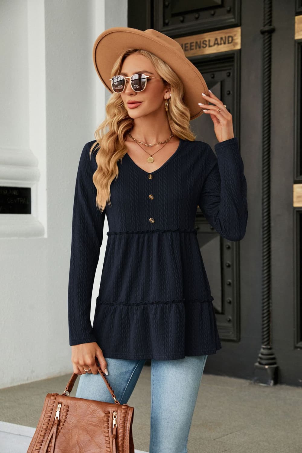 Long Sleeve V - Neck Cable - Knit Blouse - Mervyns