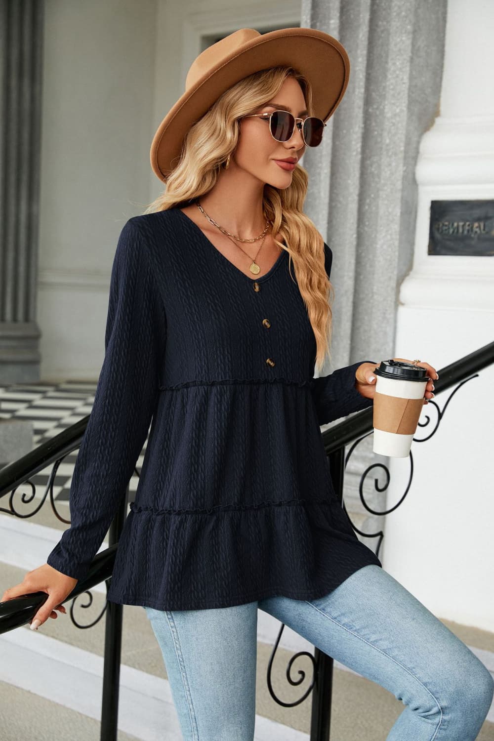 Long Sleeve V - Neck Cable - Knit Blouse - Mervyns