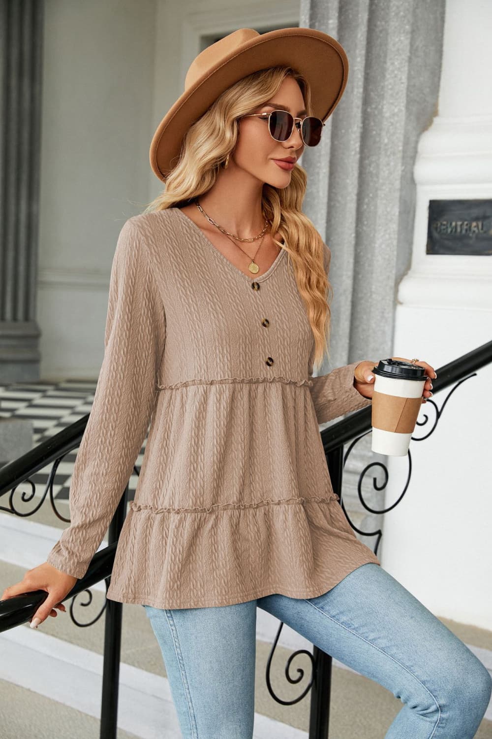 Long Sleeve V - Neck Cable - Knit Blouse - Mervyns