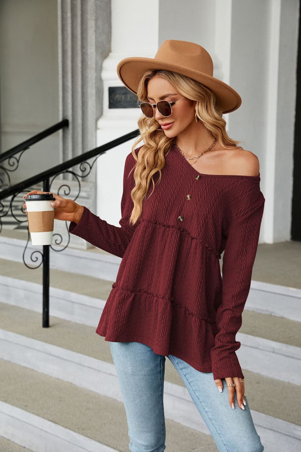 Long Sleeve V - Neck Cable - Knit Blouse - Mervyns