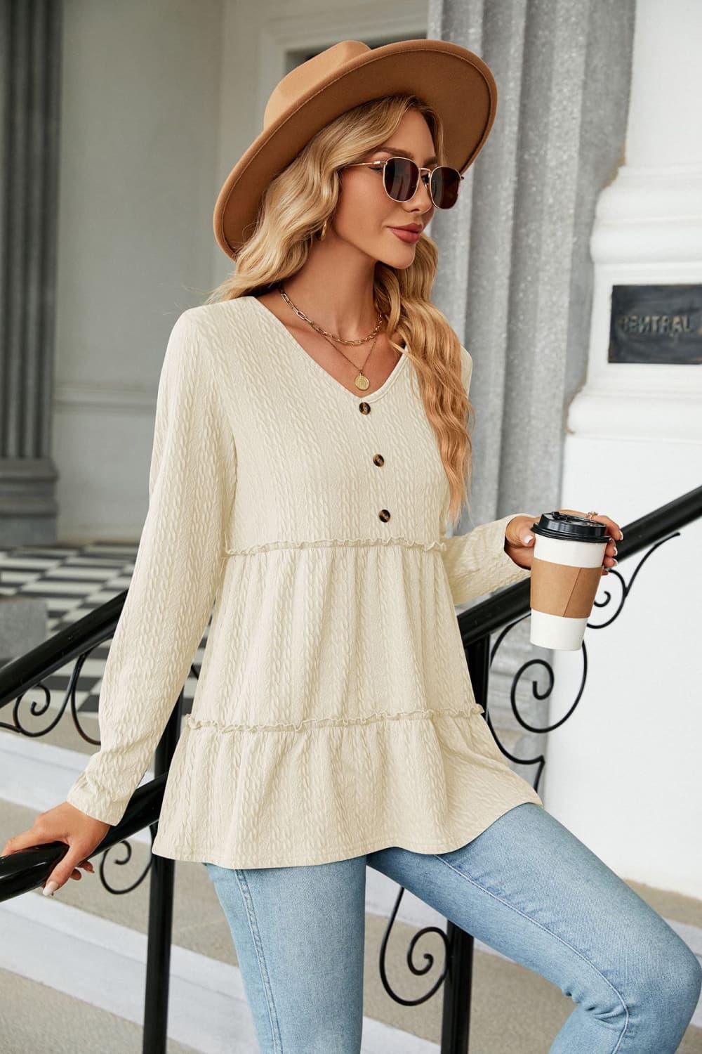 Long Sleeve V - Neck Cable - Knit Blouse - Mervyns