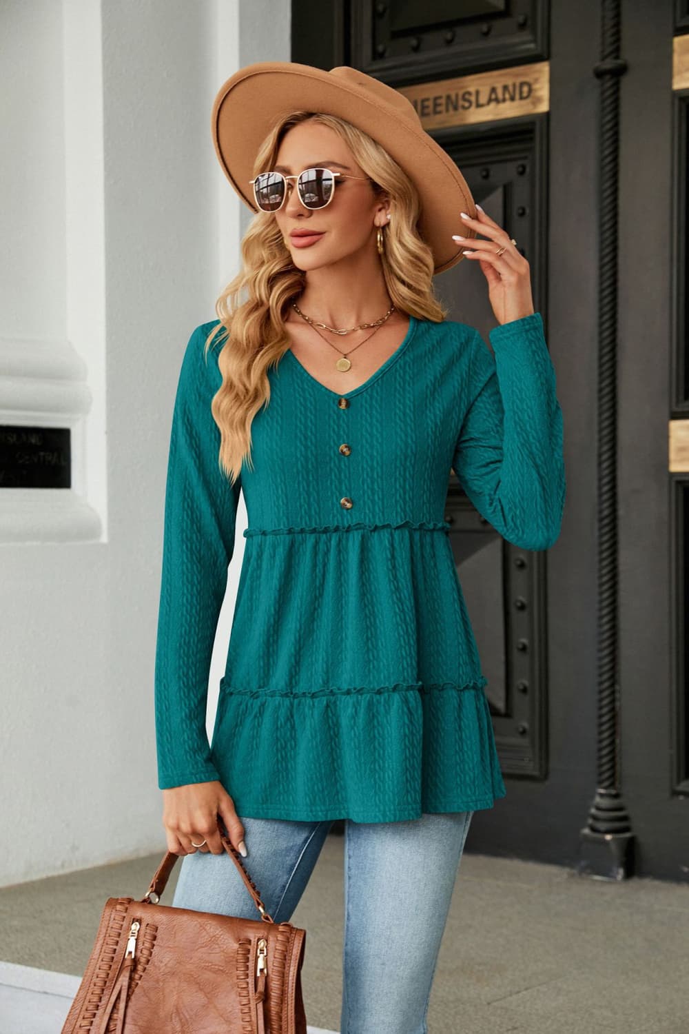 Long Sleeve V - Neck Cable - Knit Blouse - Mervyns