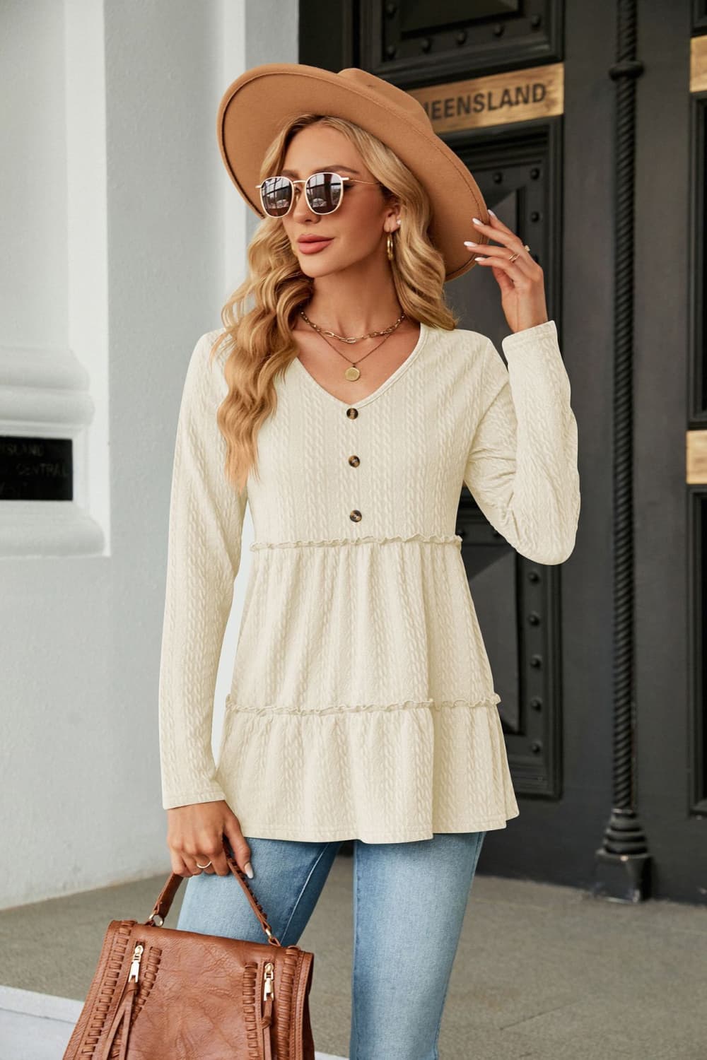 Long Sleeve V - Neck Cable - Knit Blouse - Mervyns