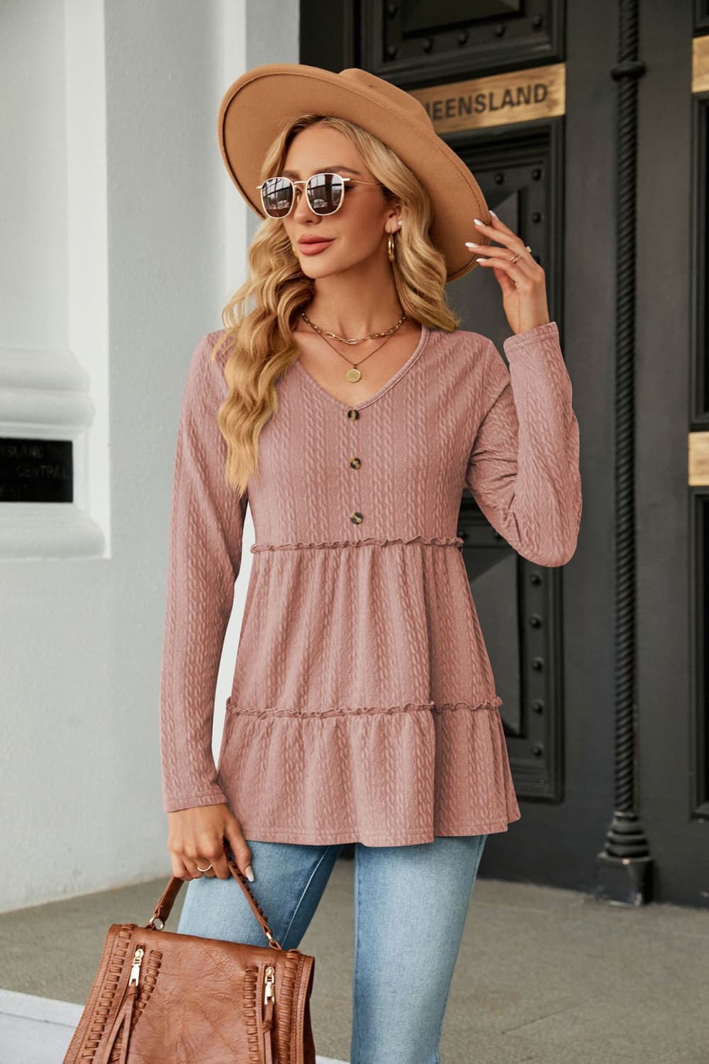 Long Sleeve V - Neck Cable - Knit Blouse - Mervyns