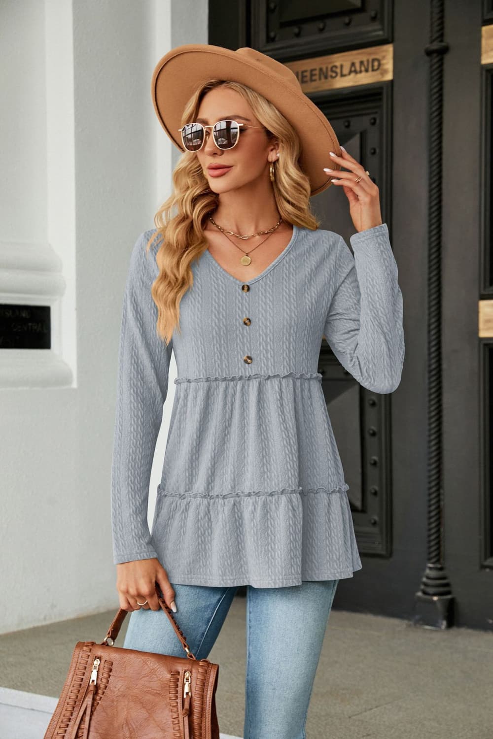 Long Sleeve V - Neck Cable - Knit Blouse - Mervyns