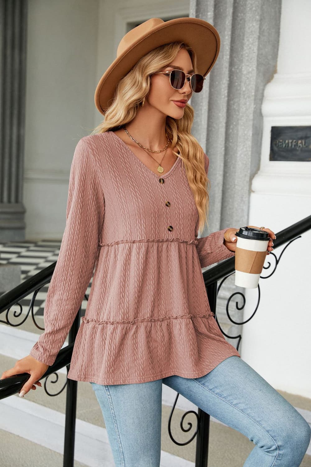 Long Sleeve V - Neck Cable - Knit Blouse - Mervyns