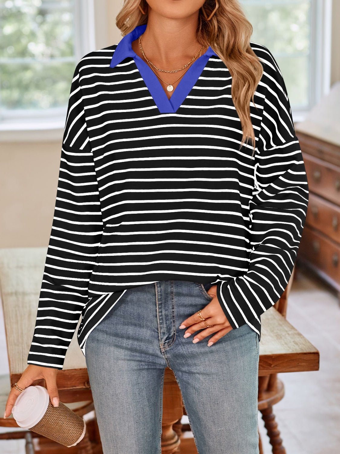 Lovelet Striped Johnny Collar Long Sleeve T-Shirt - Mervyns