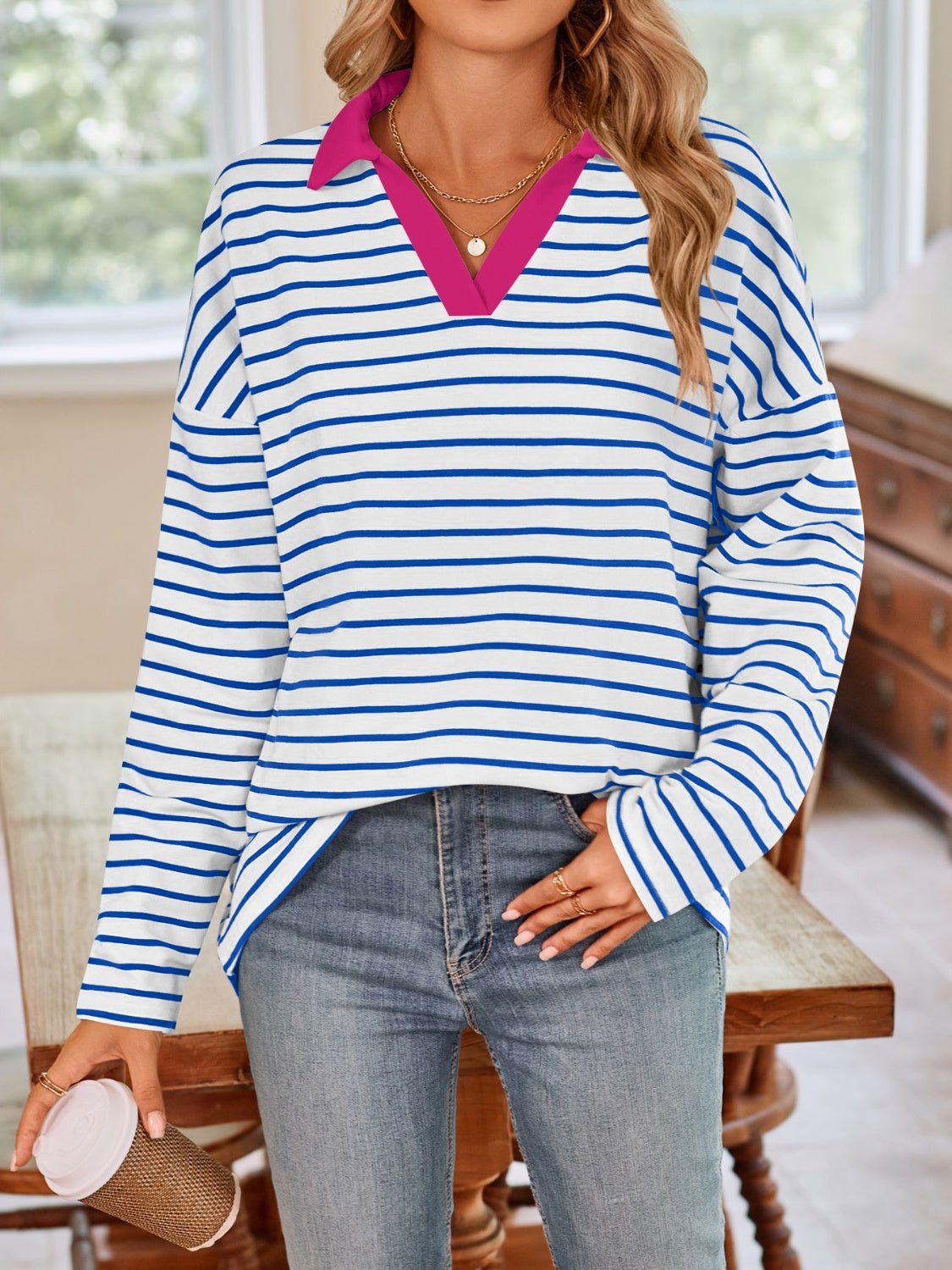 Lovelet Striped Johnny Collar Long Sleeve T-Shirt - Mervyns