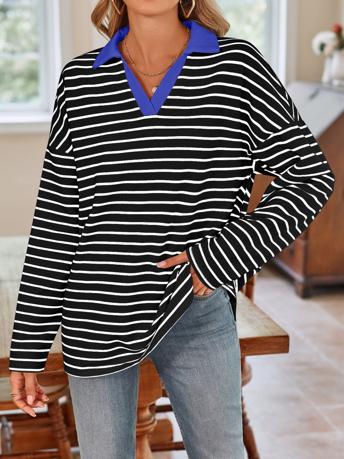 Lovelet Striped Johnny Collar Long Sleeve T-Shirt - Mervyns