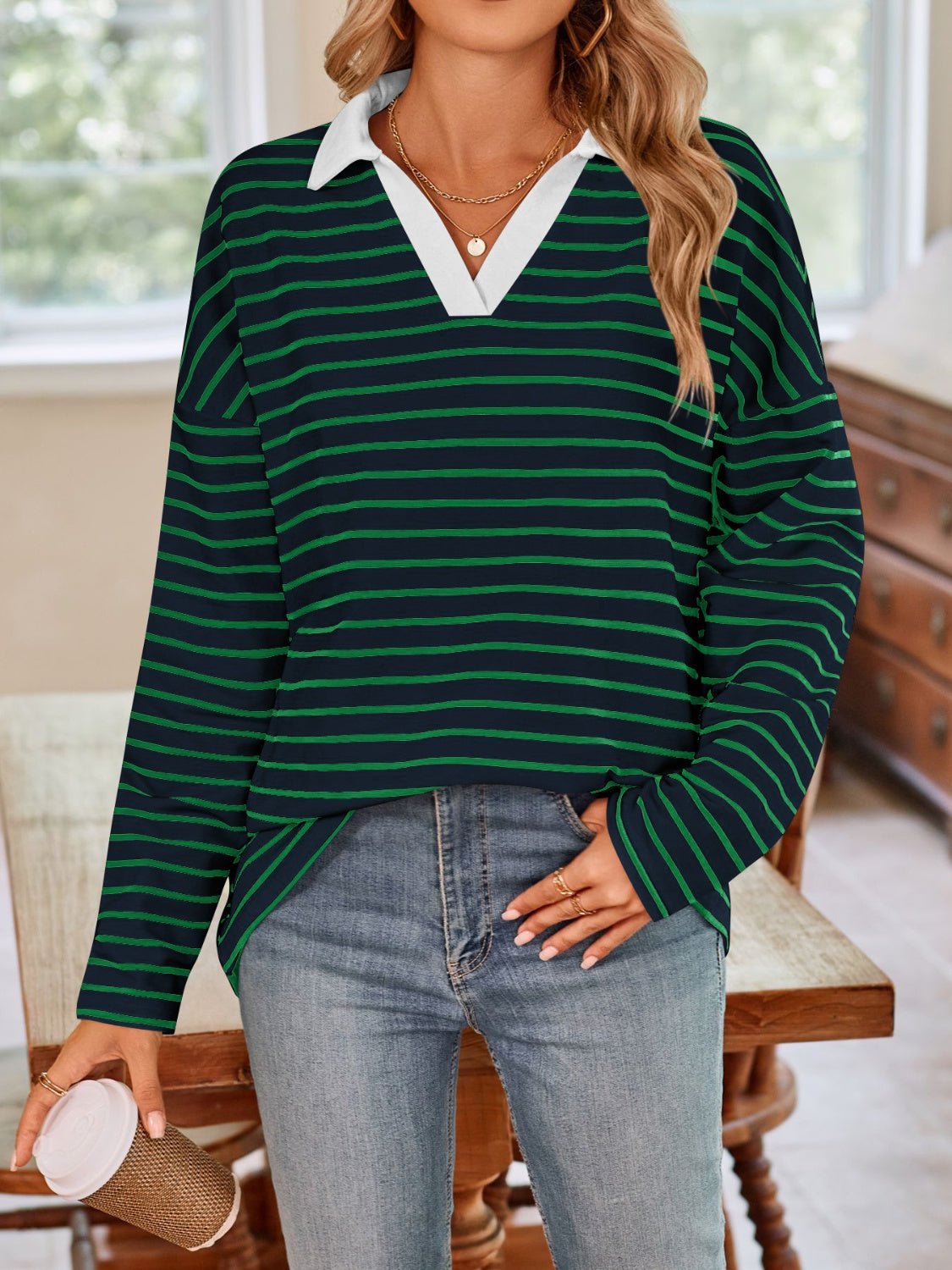 Lovelet Striped Johnny Collar Long Sleeve T-Shirt - Mervyns