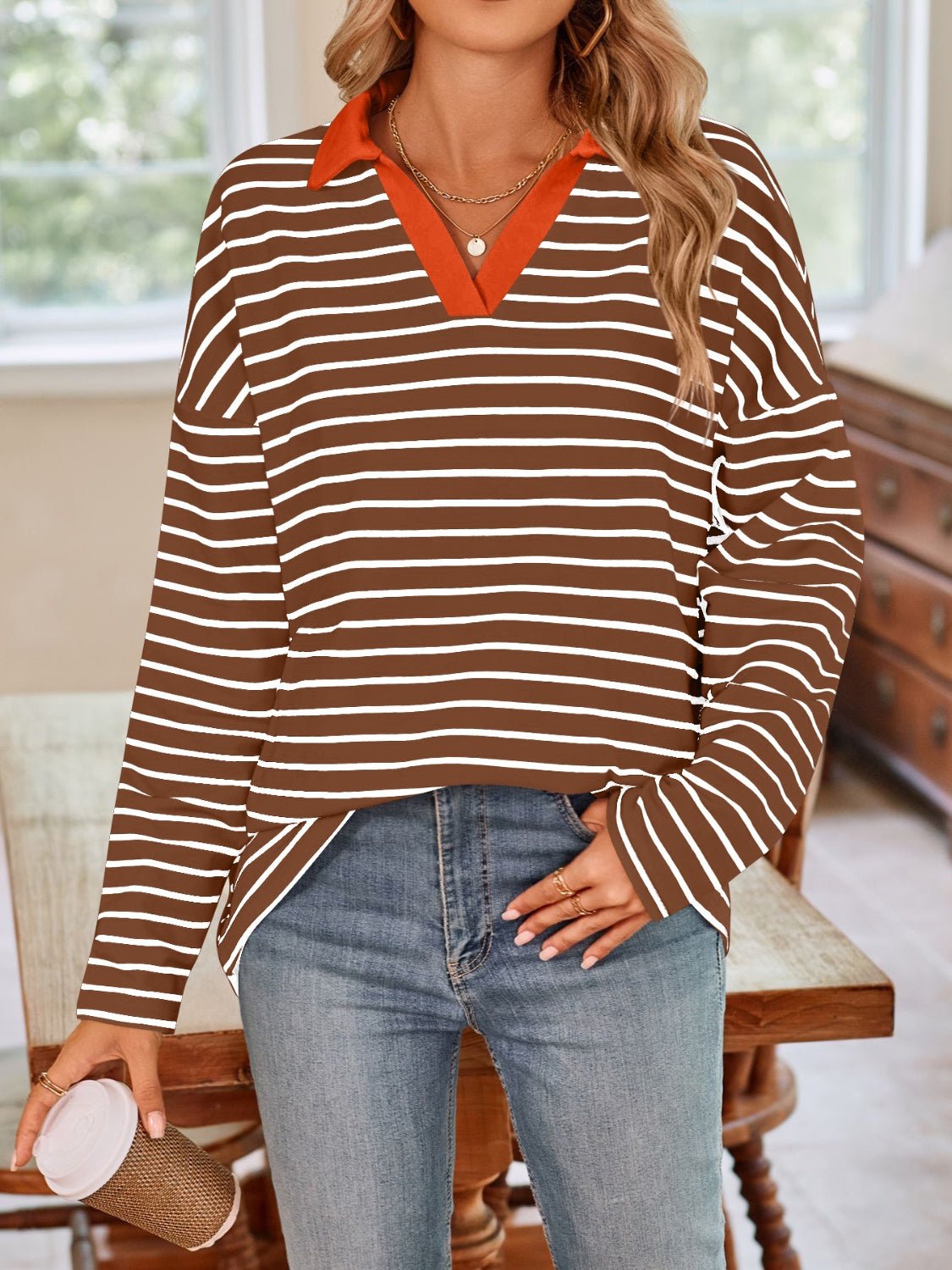 Lovelet Striped Johnny Collar Long Sleeve T-Shirt - Mervyns