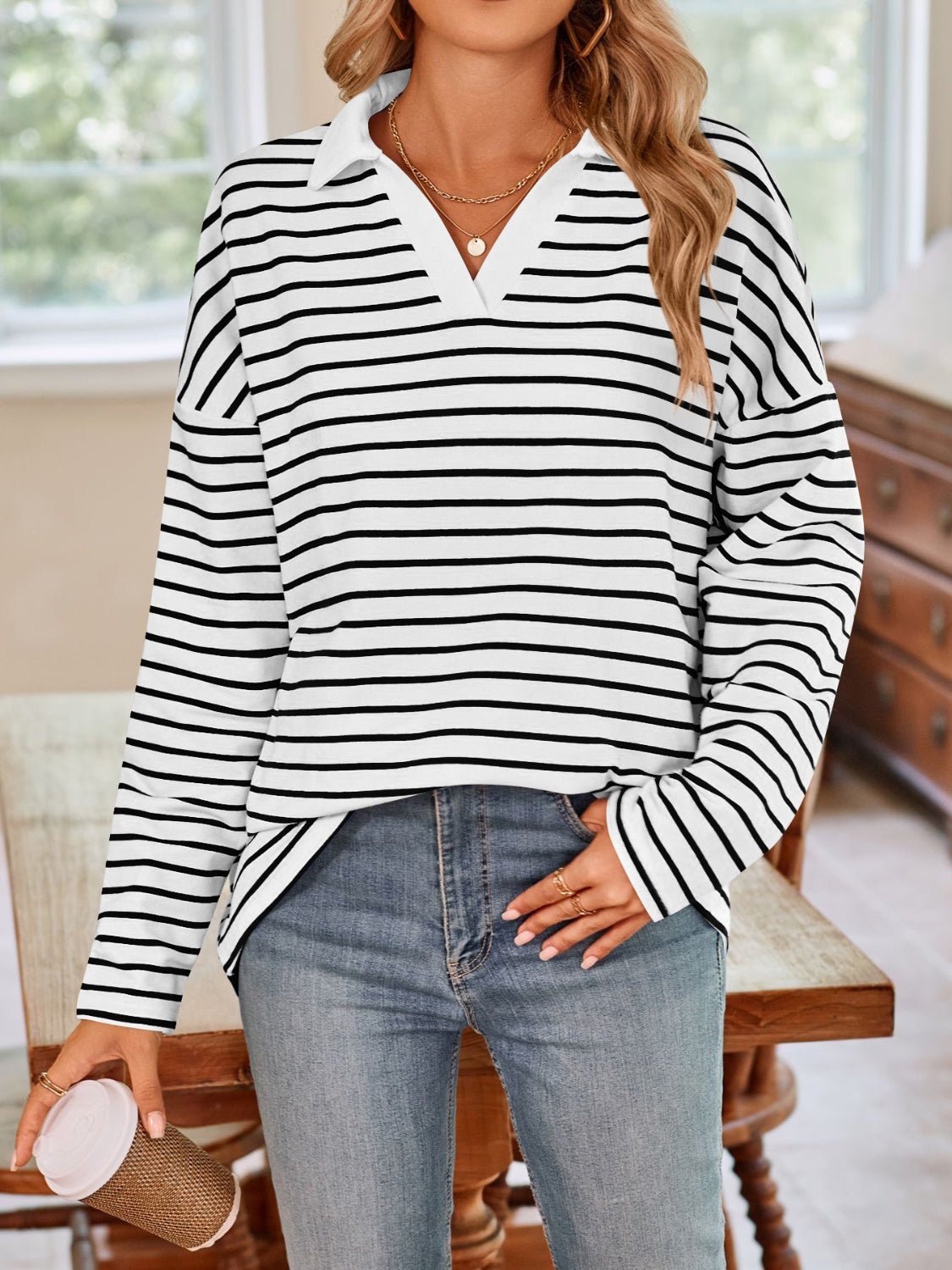 Lovelet Striped Johnny Collar Long Sleeve T-Shirt - Mervyns