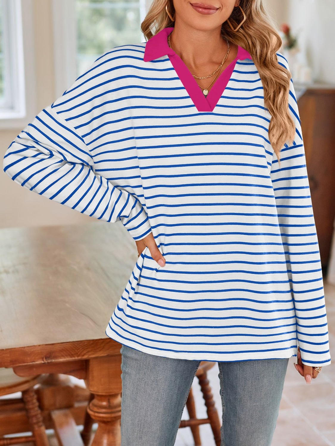 Lovelet Striped Johnny Collar Long Sleeve T-Shirt - Mervyns