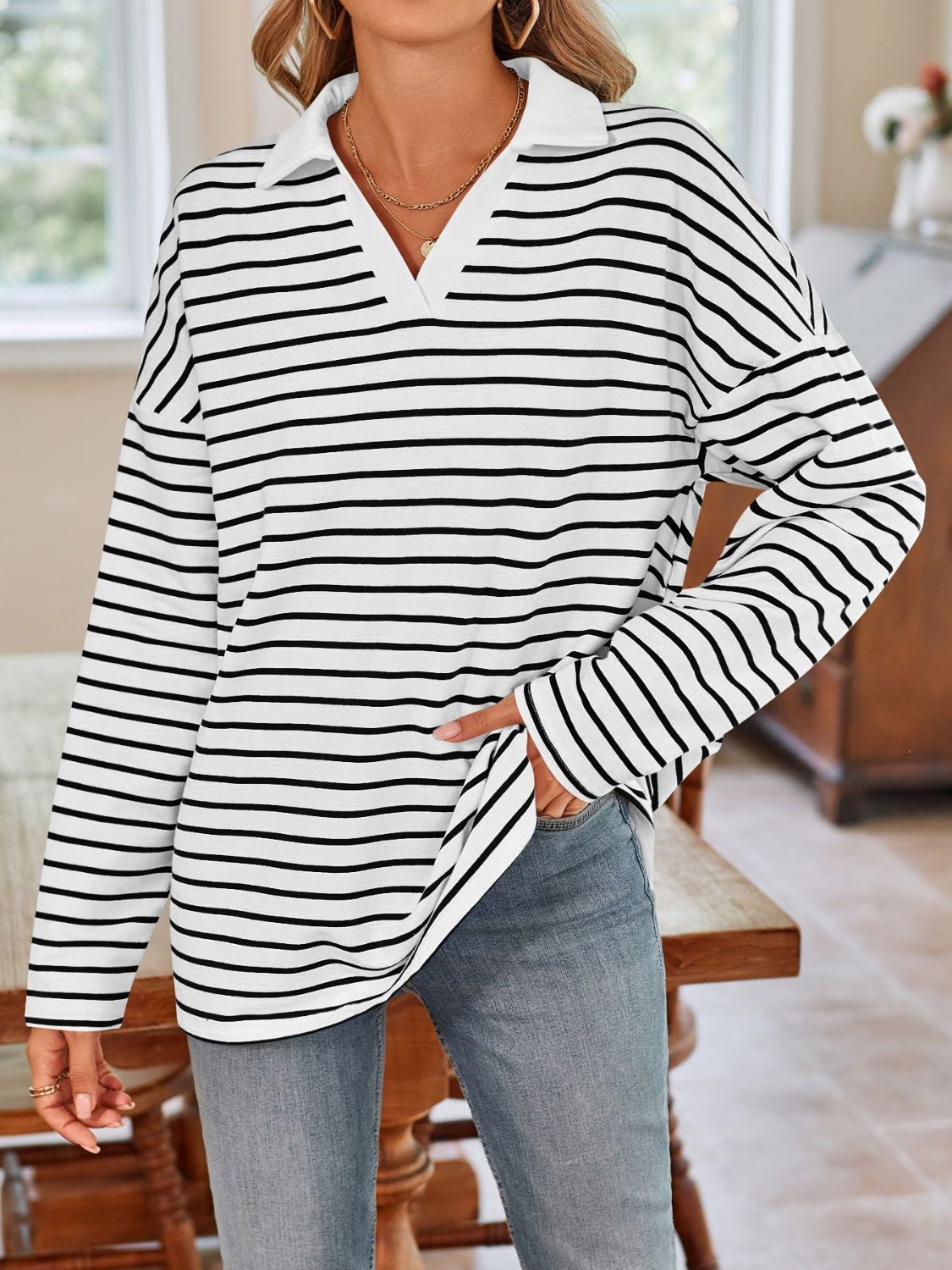 Lovelet Striped Johnny Collar Long Sleeve T-Shirt - Mervyns